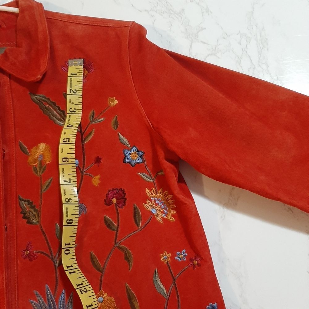 Brandon Thomas Cottagecore Red Orange Suede Novelty Floral Leather Jacket Small - Picture 9 of 13